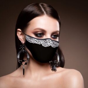 formal black face mask with white lace trim