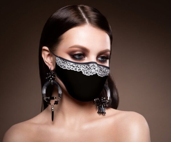 formal black face mask with white lace trim
