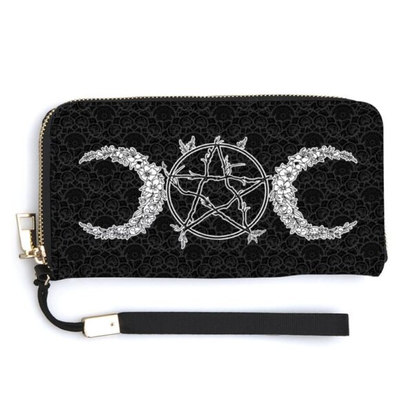 Vegan Leather Wallet - Zippered Wallet - Triple Moon Goddess - Gothic Wallet - Boho - Women's Wallet - Crescent Moon - Pentagram - 7.9"x4.1"