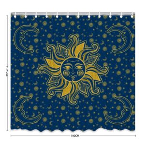 This celestial shower curtain is the perfect boho bathroom decor. Features an enchanting celestial design of suns, moons and stars.