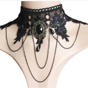 victorian gothic lace choker with steampunk accents and crystals