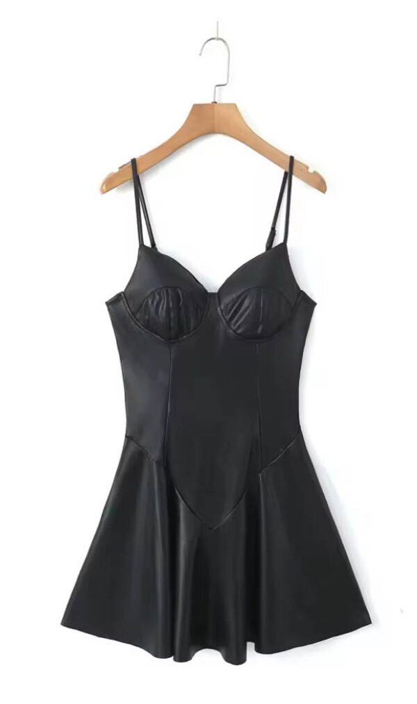 Black Faux Leather Dress with Spaghetti Straps - Image 2