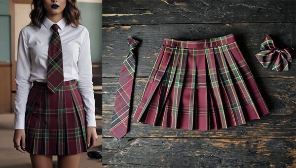 Dark Academia Plaid Skirt Set With Optional Tie and Hair Ribbon